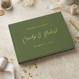 Olivgrüne und goldene elegante Schrift Hochzeit Gästebuch