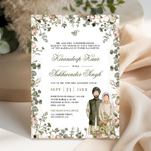 Olivgrüne und staubige Rosenblüten-Sikh-Hochzeit Einladung