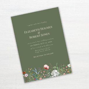 Olivgrüne Wildblumenwiesen-Rand-Hochzeit Einladung