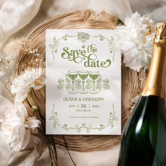 Olivgrüner funkelnder Champagner Save the Date Einladung