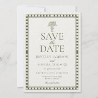 Olivgrüner Harlekin-Karo Save-the-Date-Karte