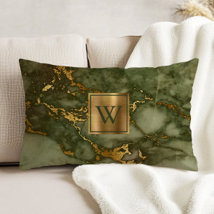 Olivgrüner Marmor-Faux-Goldfolien-Monogramm Dekokissen