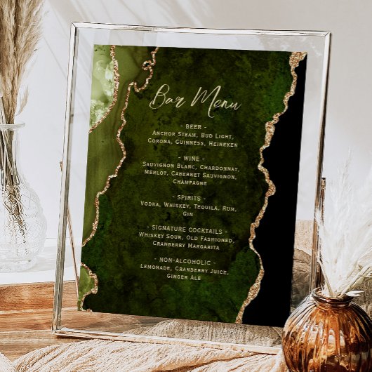 Olivgrünes Gold-Achat-Script Hochzeitsbar-Menü  Poster