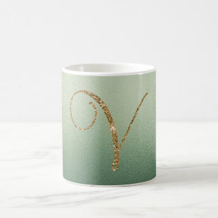 Olivgrünes Gold-Glitter-Buchstabe V Kaffeetasse
