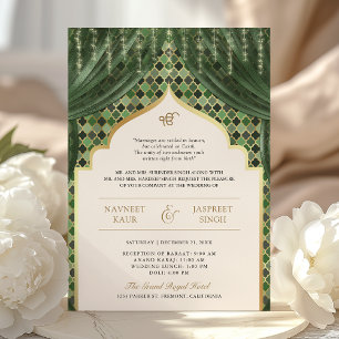 Olivgrünes Gold Vierblatt QR Code Sikh-Hochzeit Einladung
