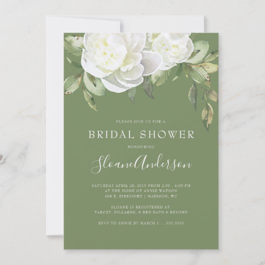 Olivgrünes Grün-Pfingstrosen-Blumen-Brautparty Einladung (Vorderseite)