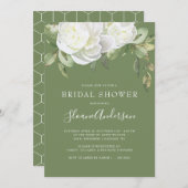 Olivgrünes Grün-Pfingstrosen-Blumen-Brautparty Einladung (Vorne/Hinten)