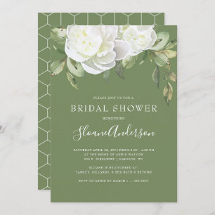Olivgrünes Grün-Pfingstrosen-Blumen-Brautparty Einladung