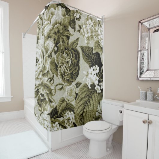 Olivgrünes Grün Vintages BlumenToile No.1 Duschvorhang (Beispiel)