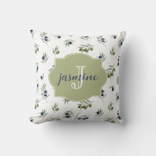 Olivgrünes Monogramm Name Wasserfarbe Chic Muster Kissen