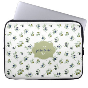 Olivgrünes Monogramm Name Wasserfarbe Chic Muster Laptopschutzhülle