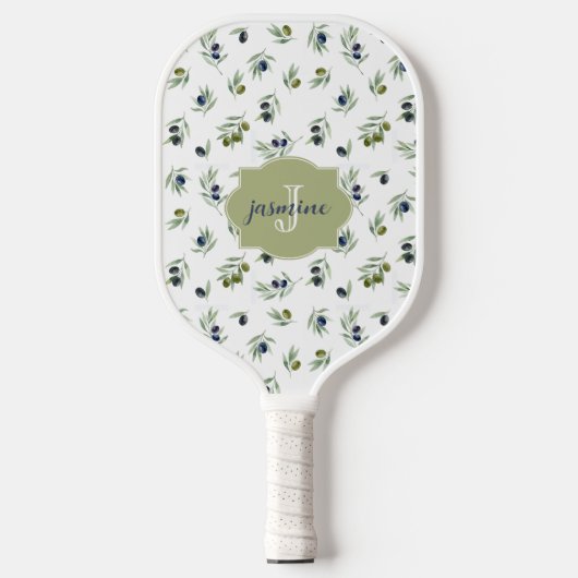 Olivgrünes Monogramm Name Wasserfarbe Chic Muster Pickleball Schläger (Vorderseite)