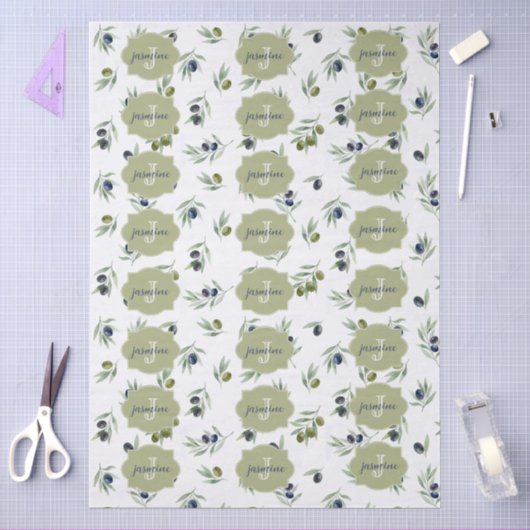 Olivgrünes Monogramm Name Wasserfarbe Chic Muster Seidenpapier (Basteln)