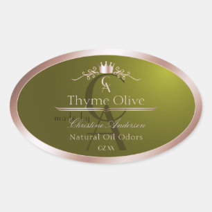 Olivgrünes Produktlabel Roségoldrahmen Monogramm Ovaler Aufkleber