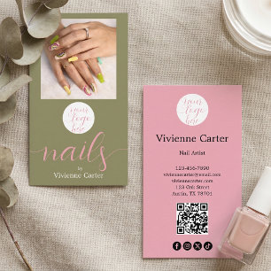 Olivgrünes rosa Logo QR-Code Foto Nagelstudio Visitenkarte