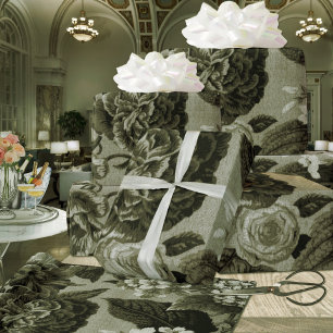 Olivgrünes schwarzes vintage botanisches Blumendru Geschenkpapier