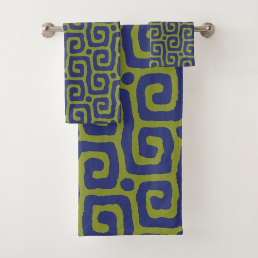 Olivgrünes und blaues abstraktes Muster Badhandtuch Set (Insitu)