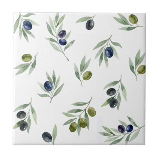 Olivgrünes Wasserfarben-Botanik-Chic-Muster Fliese (Vorderseite)