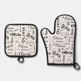 Olivia Benutzerdefinierter Name Schwarz Weiß Ofenhandschuh & Topflappen-Set