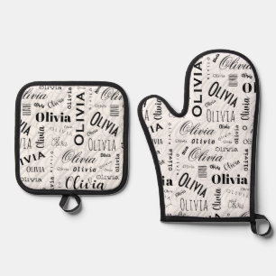 Olivia Benutzerdefinierter Name Schwarz Weiß Ofenhandschuh & Topflappen-Set