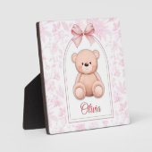 Olivia | Benutzerdefiniertes rosa Teddy-Bär-Kinder Fotoplatte (Vorderseite)