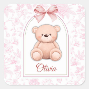 Olivia   Benutzerdefiniertes rosa Teddy-Bär-Kinder Quadratischer Aufkleber