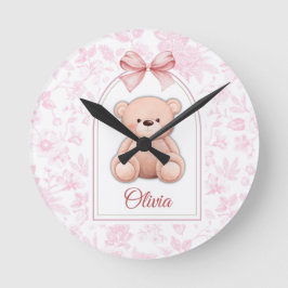 Olivia | Benutzerdefiniertes rosa Teddy-Bär-Kinder Runde Wanduhr