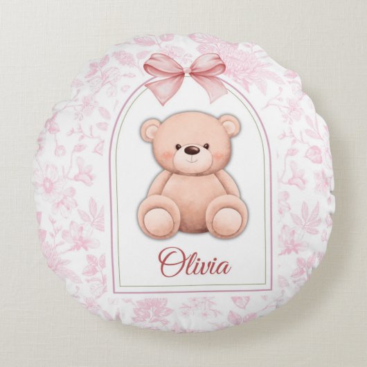 Olivia | Benutzerdefiniertes rosa Teddy-Bär-Kinder Rundes Kissen (Vorderseite)