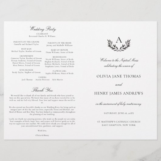 Olivia Black & White Katholic Wedding Mass Program (Vorderseite)