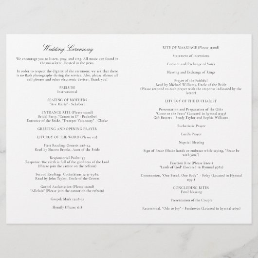 Olivia Black & White Katholic Wedding Mass Program (Rückseite)