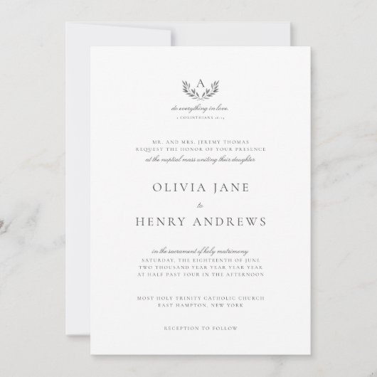 Olivia Classic Gray Monogram Catholic Wedding Einladung (Vorderseite)