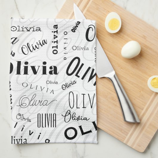 Olivia Custom Name Black White Geschirrtuch (Viertel Falte)