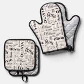 Olivia Custom Name Black White Ofenhandschuh & Topflappen-Set (Vorderseite/Rückseite)