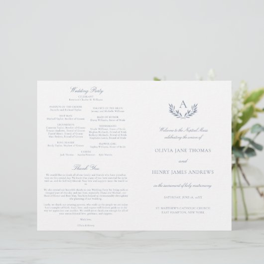 Olivia Dusty Blue Catholic Wedding Mass Program (Stehend Vorderseite)