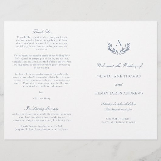 Olivia Elegant Dusty Blue Folded Wedding Program (Vorderseite)