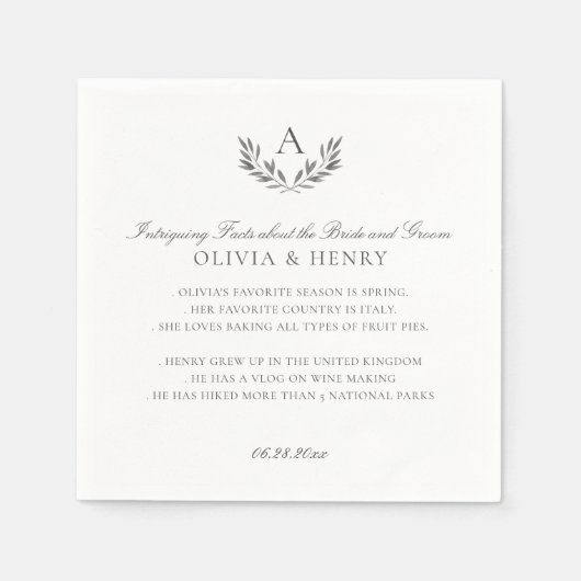 Olivia Elegant Gray Monogram Wedding Fun Fakten Serviette (Vorderseite)