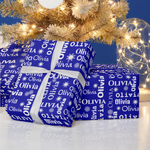 OLIVIA Individuelle Name mit Schneeflocken auf bla Geschenkpapier
