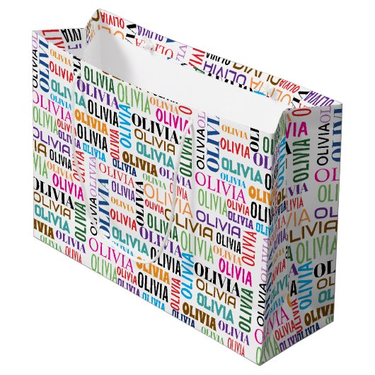 OLIVIA Name in Regenbogenfarben auf Weiß Große Geschenktüte (Vorderseite Schrägansicht)