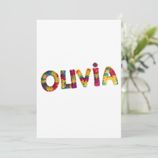 Olivia Name in Vibrant Crochet Pattern Einladung (Stehend Vorderseite)