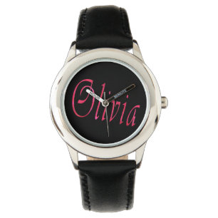 Olivia, Name, Logo, Girls Black Leather Watch. Armbanduhr