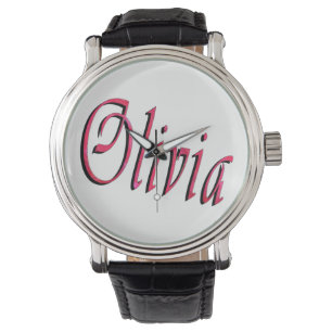 Olivia, Name, Logo, große schwarze Lederuhr. Armbanduhr