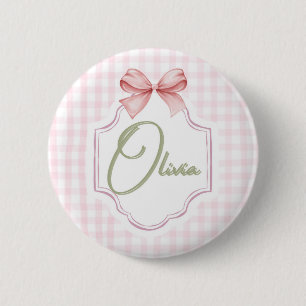 Olivia Personalisiert Pink Bow & Gingham Print Button