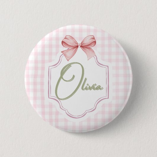 Olivia Personalisiert Pink Bow & Gingham Print Button (Vorderseite)