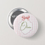 Olivia Personalisiert Pink Bow & Gingham Print Button (Vorne & Hinten)