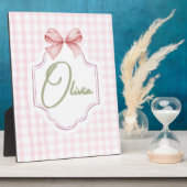 Olivia Personalisiert Pink Bow & Gingham Print Fotoplatte (Seite)