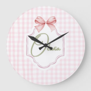 Olivia Personalisiert Pink Bow & Gingham Print Große Wanduhr