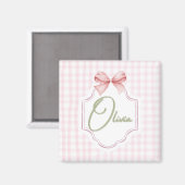 Olivia Personalisiert Pink Bow & Gingham Print Magnet (Vorderseite/Rückseite)