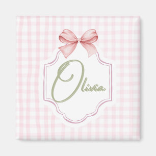 Olivia Personalisiert Pink Bow & Gingham Print Magnet