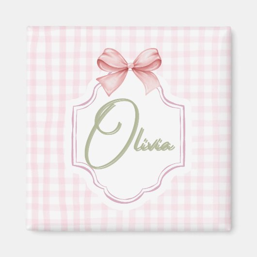 Olivia Personalisiert Pink Bow & Gingham Print Magnet (Vorne)