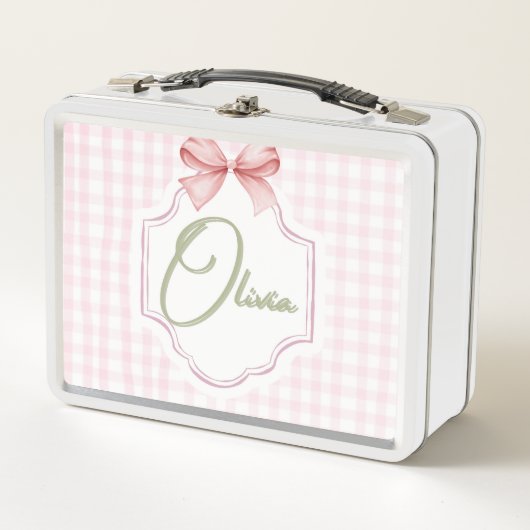 Olivia Personalisiert Pink Bow & Gingham Print Metall Brotdose (Vorderseite)